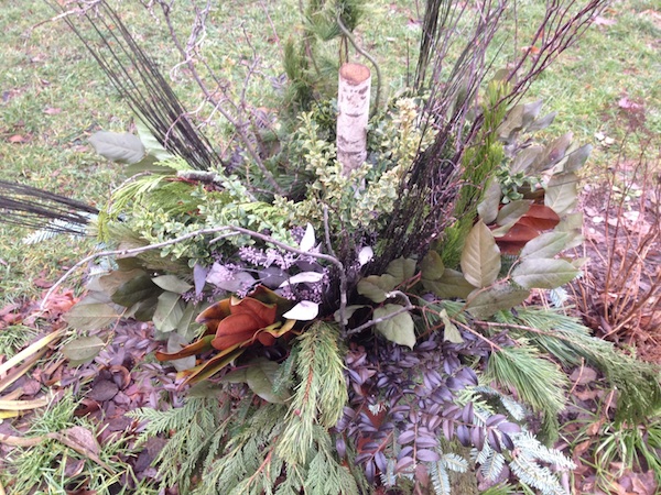 Evergreen boughs and snippets from the garden make a lovely winter container that will last until pansy time. (C) Jo Ellen Meyers Sharp