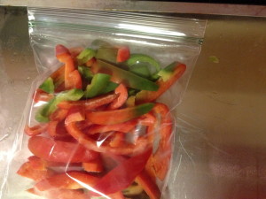 Frozen pepper slices ready for the freezer. (C) Jo Ellen Meyers Sharp