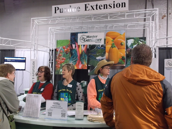 Hendricks County Master Gardeners took their turn staffing the Purdue Extension booth at the Indiana Flower and Patio Show. The booth is a great place to get answers to your gardening questions and to learn how to be a Master Gardener and other extension programs. (C) Jo Ellen Meyers Sharp