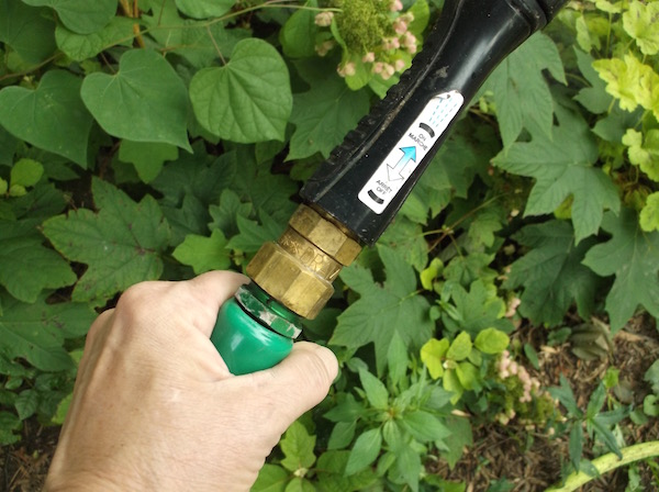 Dramm's brass hose swivel reduces kinked and twisted hoses when watering the garden. (C) Jo Ellen Meyers Sharp 